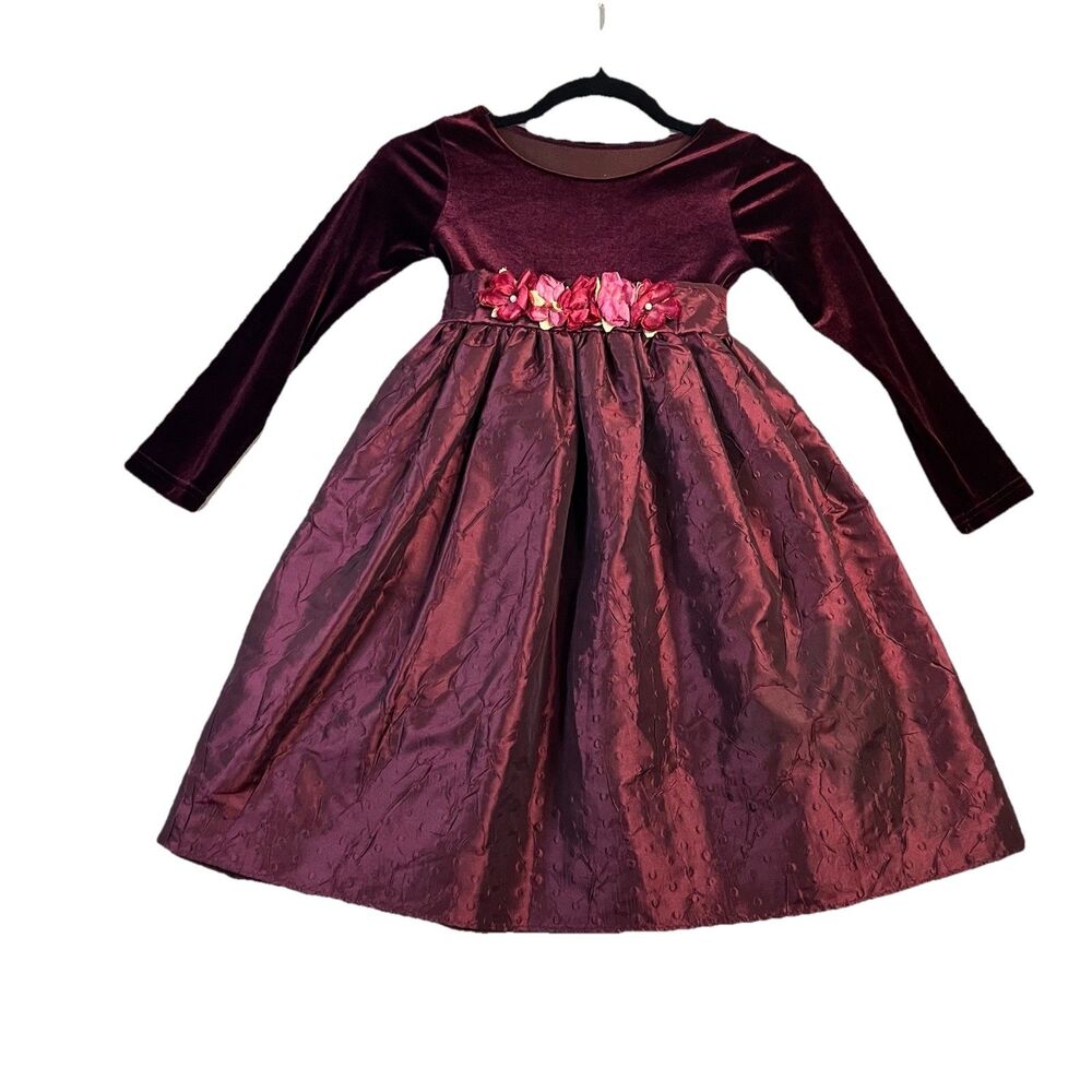Vintage Girls Velvet Burgundy Textured Lined Tie Back Long Sleeve Dress Sz 3T/4T